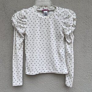 Aqua Size S Ribbed Top Gigot Ruched Sleeves White with Black Hearts Poly Blend